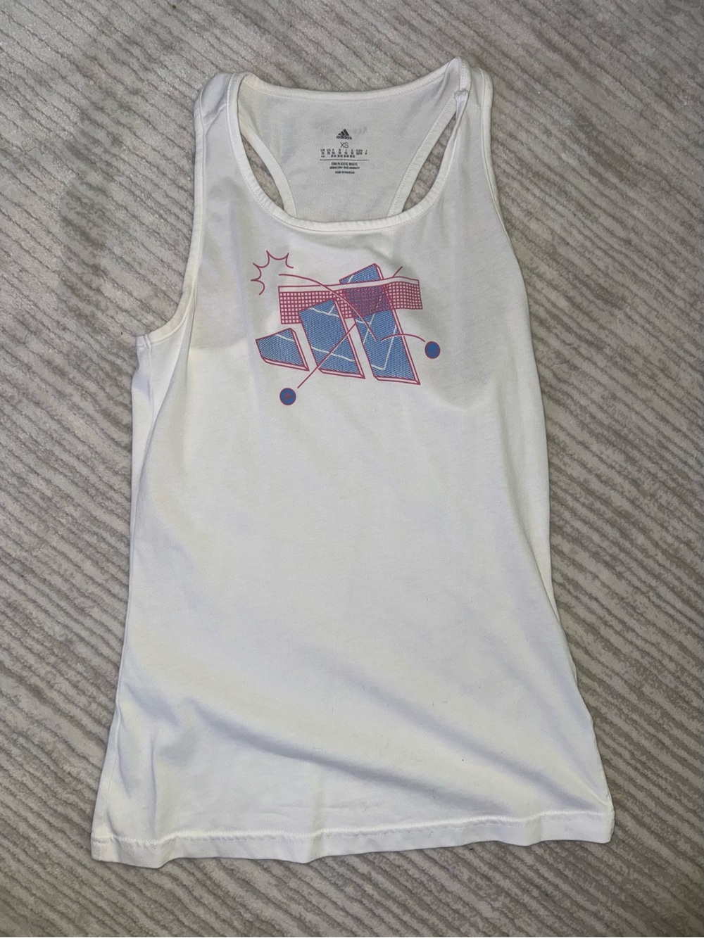 adidas White Racerback Tank with Pink & Blue Graphic Logo